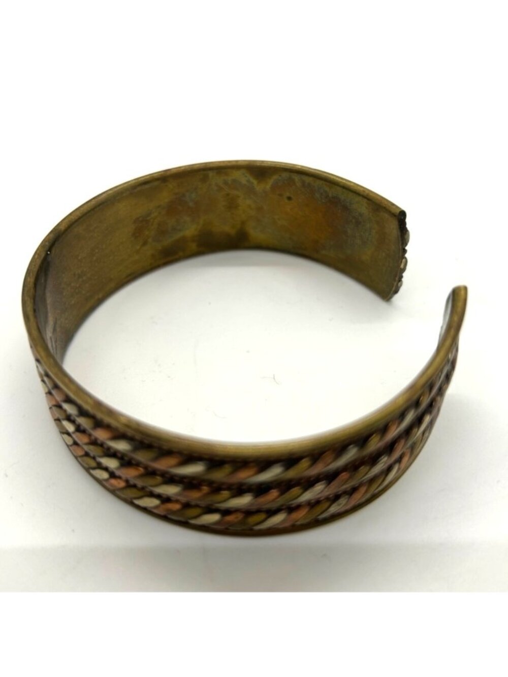 Vintage Adjustable Brass Copper & Silver-Tone Tricolor Cuff Bracelet 8" Unisex - Picture 4 of 16